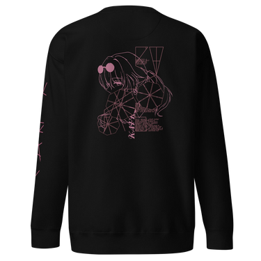 Back view of a solid-colored sweatshirt. A large graphic on the upper back features a fine-line illustration of the character Kafka from Honkai: Star Rail. The design is interwoven with large, web-like geometric patterns and small blocks of text.