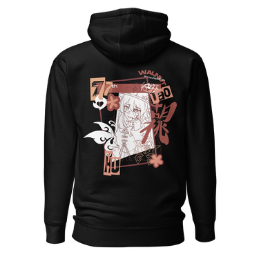 Back view of a solid-colored hoodie. A large, vertical collage graphic on the upper back features a line-art illustration of the character Hu Tao from Genshin Impact. The design is framed by a rectangle and decorated with high-contrast butterflies, flowers, and various text elements.