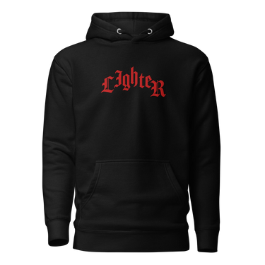Front view of a solid-colored hoodie. The chest features the word "Lighter" embroidered in an arched, gothic-style font.