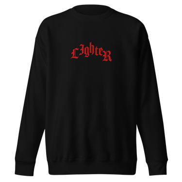 Front view of a solid-colored sweatshirt. The chest features the word "Lighter" embroidered in an arched, gothic-style font.