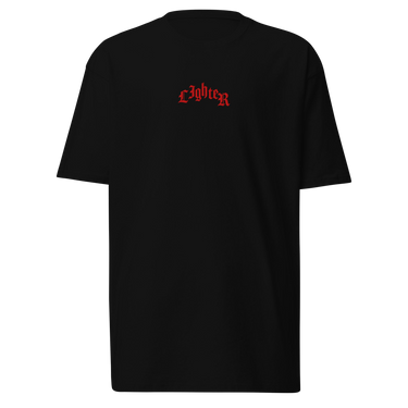 Front view of a solid-colored shirt. The chest features the word "Lighter" embroidered in an arched, gothic-style font.