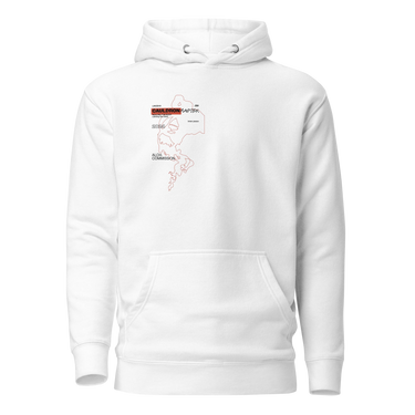 Front view of a solid-colored hoodie. A small graphic on the left chest features a fine-line illustration resembling a smoke outline, with several blocks of technical-style text labeling different areas.