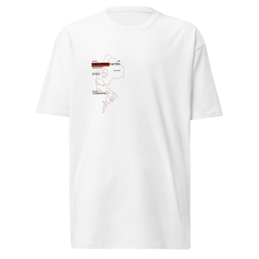 Front view of a solid-colored shirt. A small graphic on the left chest features a fine-line illustration resembling a smoke outline, with several blocks of technical-style text labeling different areas.