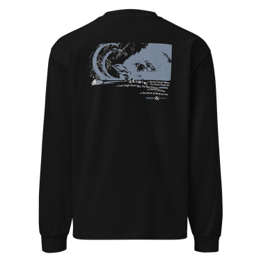 Back view of an longsleeve in black. Design is a large back graphic featuring a silouhette, line lined illustration with a caprinae like silhouette overlaid on the right side. Below the main graphic is a numbered list of phrases including "Late-Night Hours," "Secret Friend," "The Best Partner," and "The Never Ending Journey," followed by the words "FAIRYTALES & ETHEREALS" at the bottom.