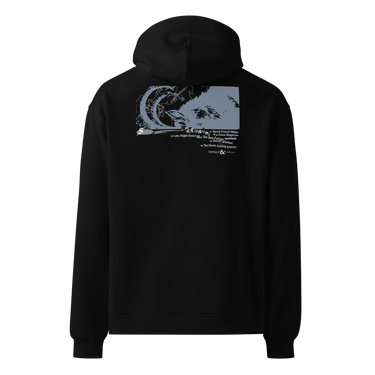 Back view of an oversized hoodie in black. Design is a large back graphic featuring a silouhette, line lined illustration with a caprinae like silhouette overlaid on the right side. Below the main graphic is a numbered list of phrases including "Late-Night Hours," "Secret Friend," "The Best Partner," and "The Never Ending Journey," followed by the words "FAIRYTALES & ETHEREALS" at the bottom.