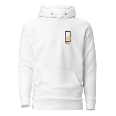Front view of a solid-colored hoodie. A small graphic on the chest features a vertical rectangular frame containing a high-contrast floral illustration and a sword-like shape.