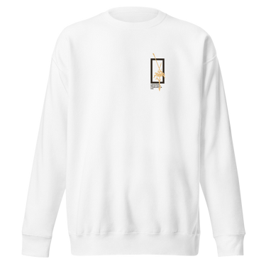 Front view of a solid-colored sweatshirt. A small graphic on the chest features a vertical rectangular frame containing a high-contrast floral illustration and a sword-like shape.
