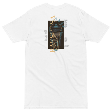 Back view of a solid-colored shirt. A large graphic on the upper back features a stylized, high-contrast illustration of a coffin, layered with various blocks of text.