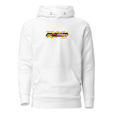 Front view of a solid-colored hoodie. A small, horizontal graphic on the chest features the stylized text "NC DEMARA" filled with a high-contrast, diagonal stripe pattern.