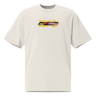 Front view of a solid-colored oversized-tee. A small, horizontal graphic on the chest features the stylized text "NC DEMARA" filled with a high-contrast, diagonal stripe pattern.