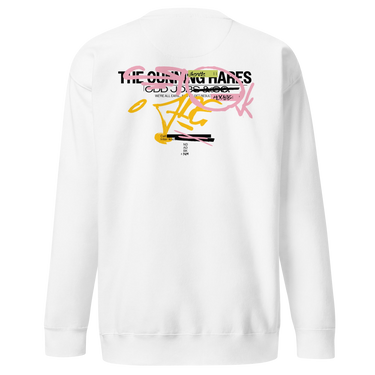 Back view of a solid-colored sweatshirt. A large, chaotic collage graphic on the upper back features multiple layers of text in various fonts, including "THE CUNNING HARES". A central, high-contrast emblem shows a cracked smiley face, surrounded by abstract scribbles and brush strokes.