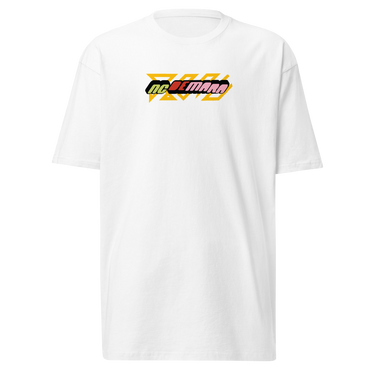 Front view of a solid-colored shirt. A small, horizontal graphic on the chest features the stylized text "NC DEMARA" filled with a high-contrast, diagonal stripe pattern.