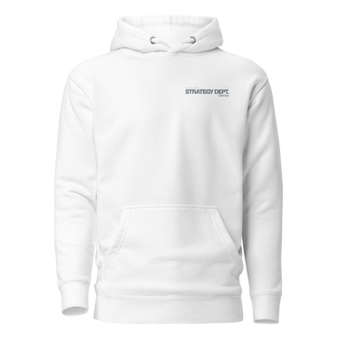 Front view of a hoodie in white. A small right-chest graphic in slate grey and pale blue reads 'External' above 'STRATEGY DEPT.', with 'Chief Tech' beneath, set in condensed technical type flanked by tiny aircraft glyphs.