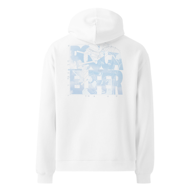 Back view of an oversized hoodie in white. A large square collage in pale sky blue layers oversized fragmented lettering over clouds, handwritten script and geometric diagram lines. Numbered index strips read 'Total Unity', 'Genius-Villain Paradox' and 'Chain of Genesis', with smaller labels for 'experiment log' and 'tech status: unstable'. A thin border frames the panel, with the name set vertically down the left edge.