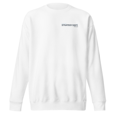 Front view of a sweatshirt in white. A small right-chest graphic in slate grey and pale blue reads 'External' above 'STRATEGY DEPT.', with 'Chief Tech' beneath, set in condensed technical type flanked by tiny aircraft glyphs.