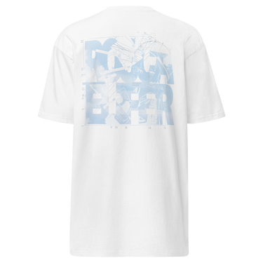 Back view of a t-shirt in white. A large square collage in pale sky blue layers oversized fragmented lettering over clouds, handwritten script and geometric diagram lines. Numbered index strips read 'Total Unity', 'Genius-Villain Paradox' and 'Chain of Genesis', with smaller labels for 'experiment log' and 'tech status: unstable'. A thin border frames the panel, with the name set vertically down the left edge.