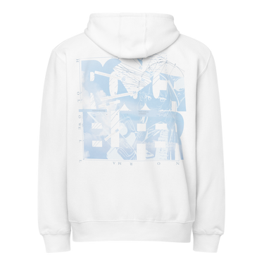 Back view of a zip hoodie in white. A large square collage in pale sky blue layers oversized fragmented lettering over clouds, handwritten script and geometric diagram lines. Numbered index strips read 'Total Unity', 'Genius-Villain Paradox' and 'Chain of Genesis', with smaller labels for 'experiment log' and 'tech status: unstable'. A thin border frames the panel, with the name set vertically down the left edge.
