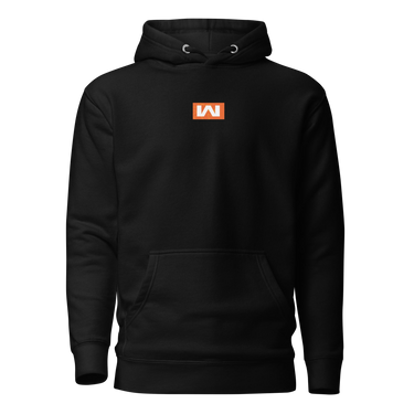 Black hoodie, front view, featuring a small centered orange rectangular logo with a stylized white 'M' inside.