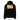 Black oversized hoodie, back view, showcasing a large abstract graphic in orange, yellow, black, and white. The design includes bold typography, Japanese characters, geometric shapes, and layered text overlaid with dynamic line art and circular motifs.