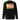 Black sweatshirt, back view, showcasing a large abstract graphic in orange, yellow, black, and white. The design includes bold typography, Japanese characters, geometric shapes, and layered text overlaid with dynamic line art and circular motifs.