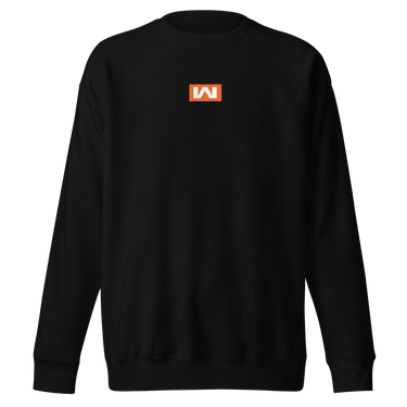 Black sweatshirt, front view, featuring a small centered orange rectangular logo with a stylized white 'M' inside.