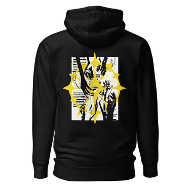 The back of a hoodie featuring a large graphic design. The design is centered on the upper back and consists of a spiky, star-like silhouette. Inside the silhouette is an abstract collage of fragmented hands in black and yellow line art, with bold yellow accents and horizontal black lines running through it.