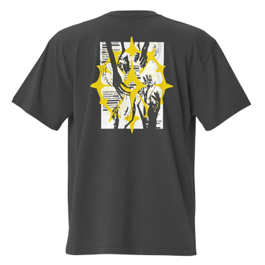 The back of a oversized-tee featuring a large graphic design. The design is centered on the upper back and consists of a spiky, star-like silhouette. Inside the silhouette is an abstract collage of fragmented hands in black and yellow line art, with bold yellow accents and horizontal black lines running through it.