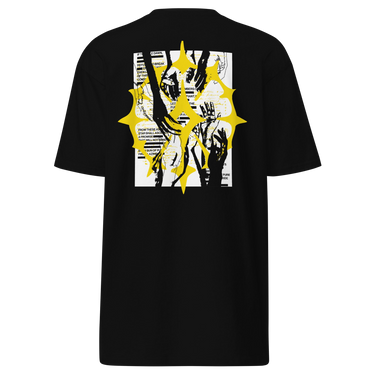 The back of a shirt featuring a large graphic design. The design is centered on the upper back and consists of a spiky, star-like silhouette. Inside the silhouette is an abstract collage of fragmented hands in black and yellow line art, with bold yellow accents and horizontal black lines running through it.
