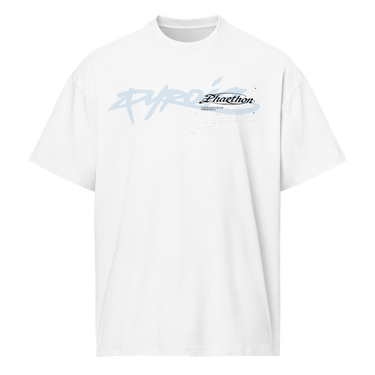 Front view of a box tee in white. A stylized wordmark across the chest paired with a small emblem-style logo, layered over faint scratchy handwritten script, with a single legible line reading 'the rays of the sun warms me so' beneath it.