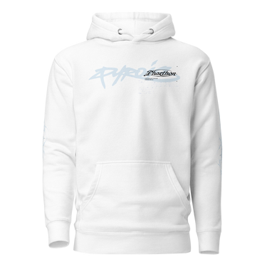 Front view of a hoodie in white. A stylized wordmark across the chest paired with a small emblem-style logo, layered over faint scratchy handwritten script, with a single legible line reading 'the rays of the sun warms me so' beneath it.