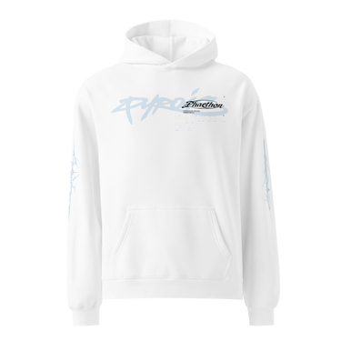 Front view of a oversized hoodie in white. A stylized wordmark across the chest paired with a small emblem-style logo, layered over faint scratchy handwritten script, with a single legible line reading 'the rays of the sun warms me so' beneath it.