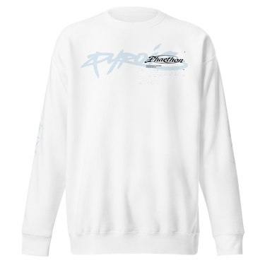 Front view of a sweatshirt in white. A stylized wordmark across the chest paired with a small emblem-style logo, layered over faint scratchy handwritten script, with a single legible line reading 'the rays of the sun warms me so' beneath it.