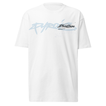 Front view of a t-shirt in white. A stylized wordmark across the chest paired with a small emblem-style logo, layered over faint scratchy handwritten script, with a single legible line reading 'the rays of the sun warms me so' beneath it.