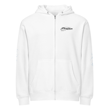 Front view of a zip hoodie in white. A stylized wordmark across the chest paired with a small emblem-style logo, layered over faint scratchy handwritten script, with a single legible line reading 'the rays of the sun warms me so' beneath it.