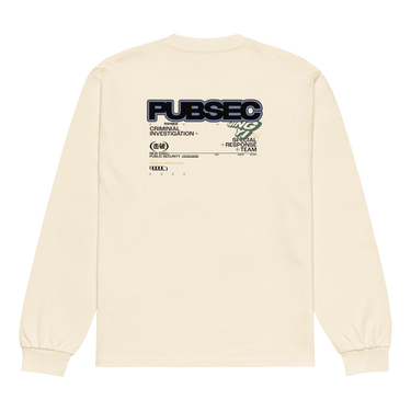 Back view of a solid-colored longsleeve. A large graphic on the upper back resembles an official document or case file. It features the bold, three-dimensional text "PUBSEC", along with other text blocks like "CRIMINAL INVESTIGATION+", and a circular emblem containing East Asian characters.