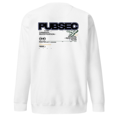 Back view of a solid-colored sweatshirt. A large graphic on the upper back resembles an official document or case file. It features the bold, three-dimensional text "PUBSEC", along with other text blocks like "CRIMINAL INVESTIGATION+", and a circular emblem containing East Asian characters.