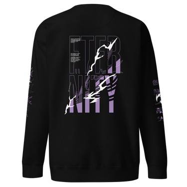 Back view of a solid-colored sweatshirt. A large, vertical graphic on the upper back features the word "ETERNITY" in a bold font. The design is overlaid with high-contrast, lightning-like shapes and abstract topographical line patterns.