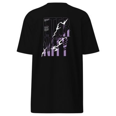 Back view of a solid-colored shirt. A large, vertical graphic on the upper back features the word "ETERNITY" in a bold font. The design is overlaid with high-contrast, lightning-like shapes and abstract topographical line patterns.