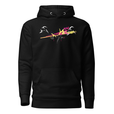 Front view of a solid-colored hoodie. A large, dynamic graphic across the chest features a chaotic collage of high-contrast brush strokes, sharp angular forms, and silhouettes resembling swooping birds.