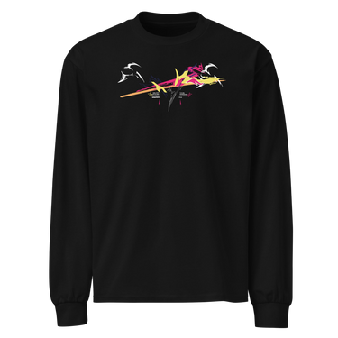 Front view of a solid-colored longsleeve. A large, dynamic graphic across the chest features a chaotic collage of high-contrast brush strokes, sharp angular forms, and silhouettes resembling swooping birds.