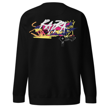 Back view of a solid-colored sweatshirt. A large, horizontal graphic on the upper back features a stylized, graffiti-like word spelling “RAPPA” layered over a wide smear of high-contrast brush strokes imitating graffiti splatter. To the side are smaller, schematic graphics including a compass rose and blocks of text.