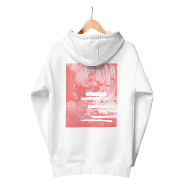 Back view of a hoodie in white. A large coral pink poster panel fills the upper back, printed with a stylized winged figure in soft tonal linework set against a bank of clouds. Horizontal white bars redact most of the text, leaving the words "she, who silences the ether" legible between them, with faint handwritten script and a small circular seal layered underneath. An expressive, editorial, graphic-forward composition.