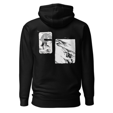 Back view of a hoodie in black. A large two-panel composition fills the back. On the left, a halftoned portrait with a solid black bar across the eyes; to the right, a wider panel of sweeping feathers in heavy contrast. The words "pas" and "d'aveu" float above them in a fine serif, the letters spaced apart and drifting.