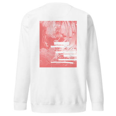 Back view of a sweatshirt in white. A large coral pink poster panel fills the upper back, printed with a stylized winged figure in soft tonal linework set against a bank of clouds. Horizontal white bars redact most of the text, leaving the words "she, who silences the ether" legible between them, with faint handwritten script and a small circular seal layered underneath. An expressive, editorial, graphic-forward composition.