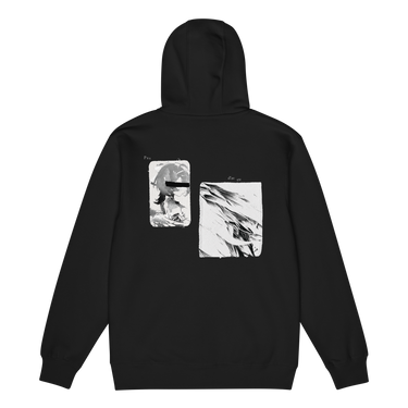 Back view of a zip hoodie in black. A large two-panel composition fills the back. On the left, a halftoned portrait with a solid black bar across the eyes; to the right, a wider panel of sweeping feathers in heavy contrast. The words "pas" and "d'aveu" float above them in a fine serif, the letters spaced apart and drifting.