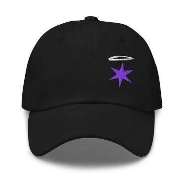 Front view of a baseball cap in black, shown flat. A white embroidered halo above a six-pointed violet star sits on the front panels above the curved brim.