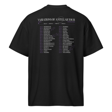 Back view of a box tee in black. A large graphic fills the upper back, laid out like a concert tour poster. A wide display serif title reads "VARIATIONS OF A STELLAR TOUR" in white, with a small italic "robin" and "/summeretto" tucked beneath it and a ruled row of four era markers below that. Two columns of dated stops run down the rest in condensed capitals, the dates set in violet, with thin outlined starbursts drifting across the list.