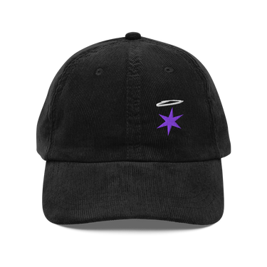 Front view of a corduroy cap in black. An embroidered white halo floats above a six-pointed violet star on the ridged corduroy front panels, above a curved brim on a low-profile crown.