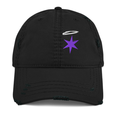 Front view of a distressed dad hat in black. An embroidered white halo floats above a six-pointed violet star on the front crown, stitched over unstructured panels and a frayed curved brim.