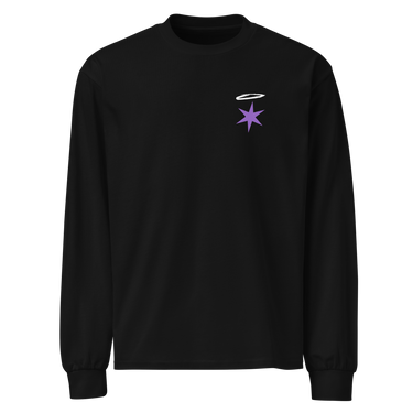 Front view of a longsleeve in black. A small graphic sits high on the left chest: a loose, hand-drawn halo ring in white tilted above a sharp six-pointed star in soft violet. Both shapes print flat, the ring's brushed edges left rough and unfinished.